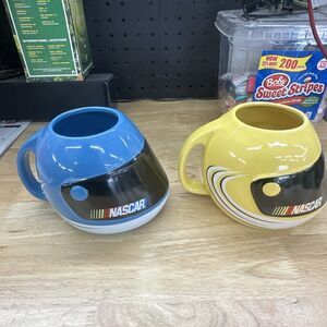 NASCAR Helmet Mug Set 2003 Sherwood Brands Blue Yellow Racing Coffee Cups